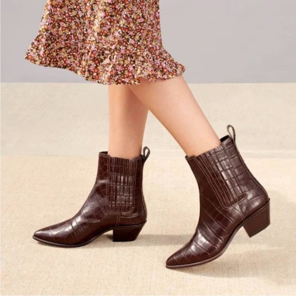 Loeffler Randall Aylin Chocolate Brown Croc Embossed Western Ankle Boots